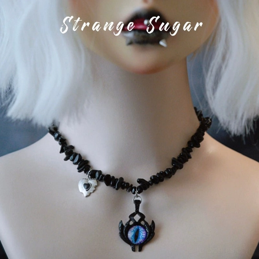 Demon eye pendant gothic lolita choker obsidian beaded chain dark mystical otherworldly spiritual protection aesthetic