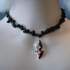 Handmade gothic lolita choker featuring black crushed stone chain with silver-red demon wing heart pendant, retro gothic aesthetic displayed on plain mannequin neck