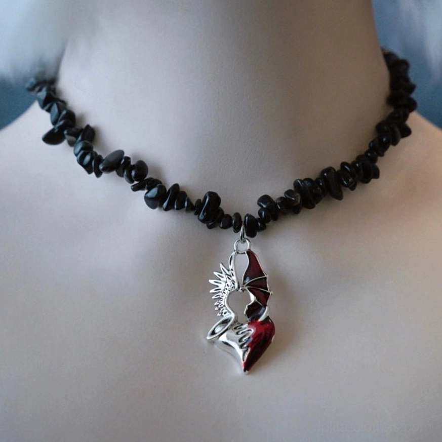 Handmade gothic lolita choker featuring black crushed stone chain with silver-red demon wing heart pendant, retro gothic aesthetic displayed on plain mannequin neck