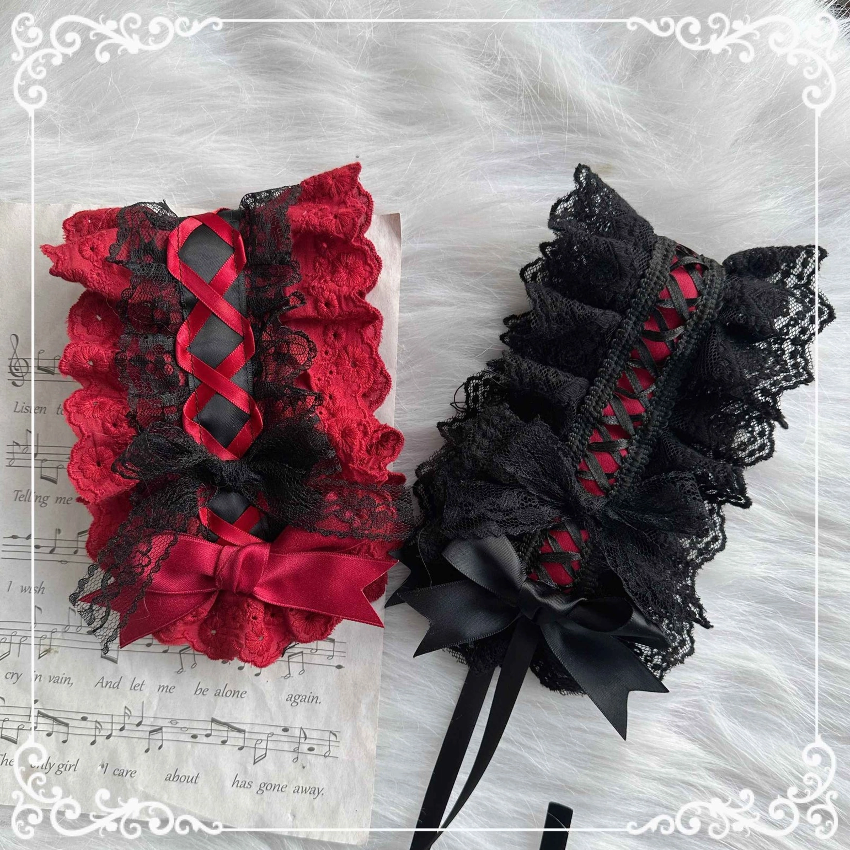 Handmade Gothic Lolita choker necklace styling detail showing ribbon attachment, decorative pendant and delicate pearl chain embellishments