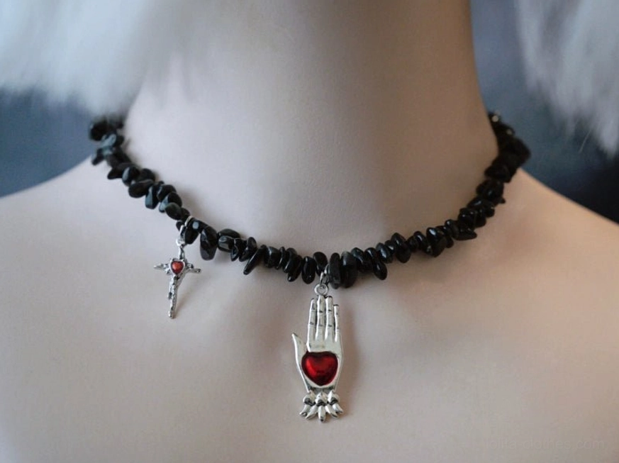 Palm pendant gothic lolita choker with black obsidian chain occult mystical fortune telling aesthetic design