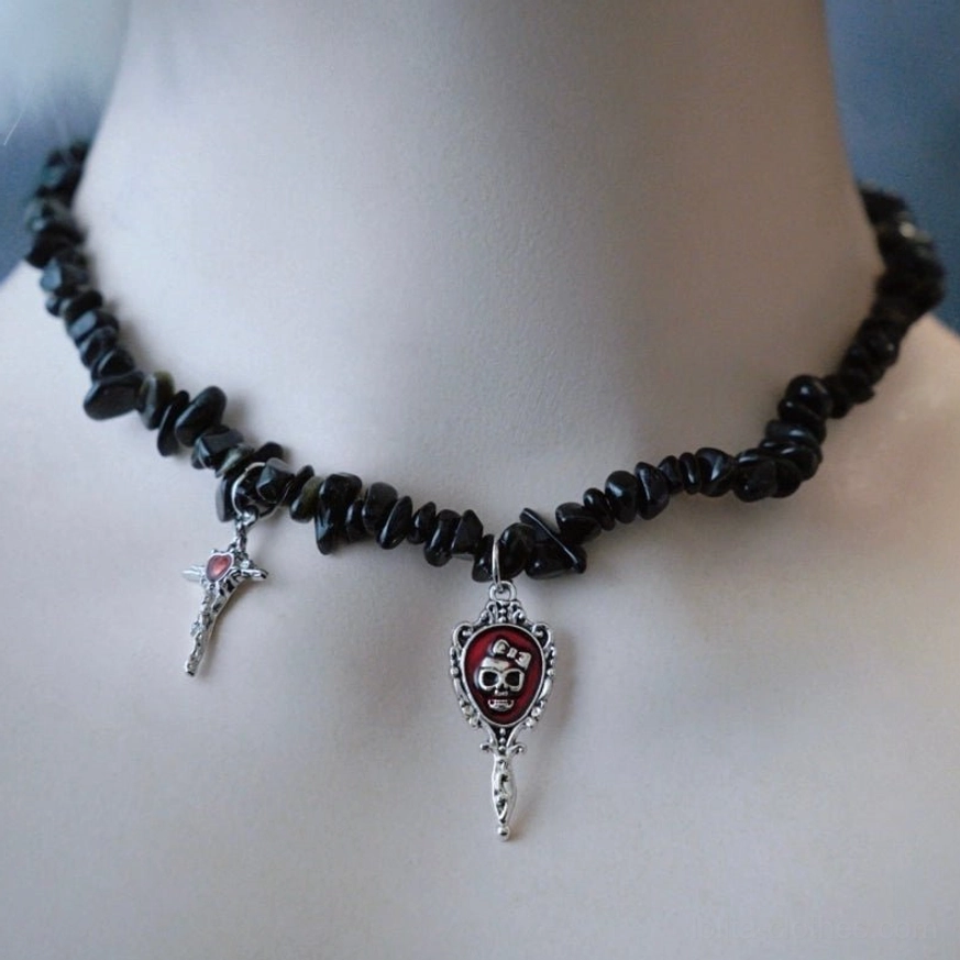 Skull mirror pendant gothic lolita choker with obsidian beaded chain memento mori introspective dark aesthetic