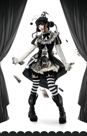 Halloween Gothic Lolita clown marionette black velvet skirt suit with ruffled collar, striped thigh-high socks, double-horned jester hat, and high-low asymmetric skirt front full body view