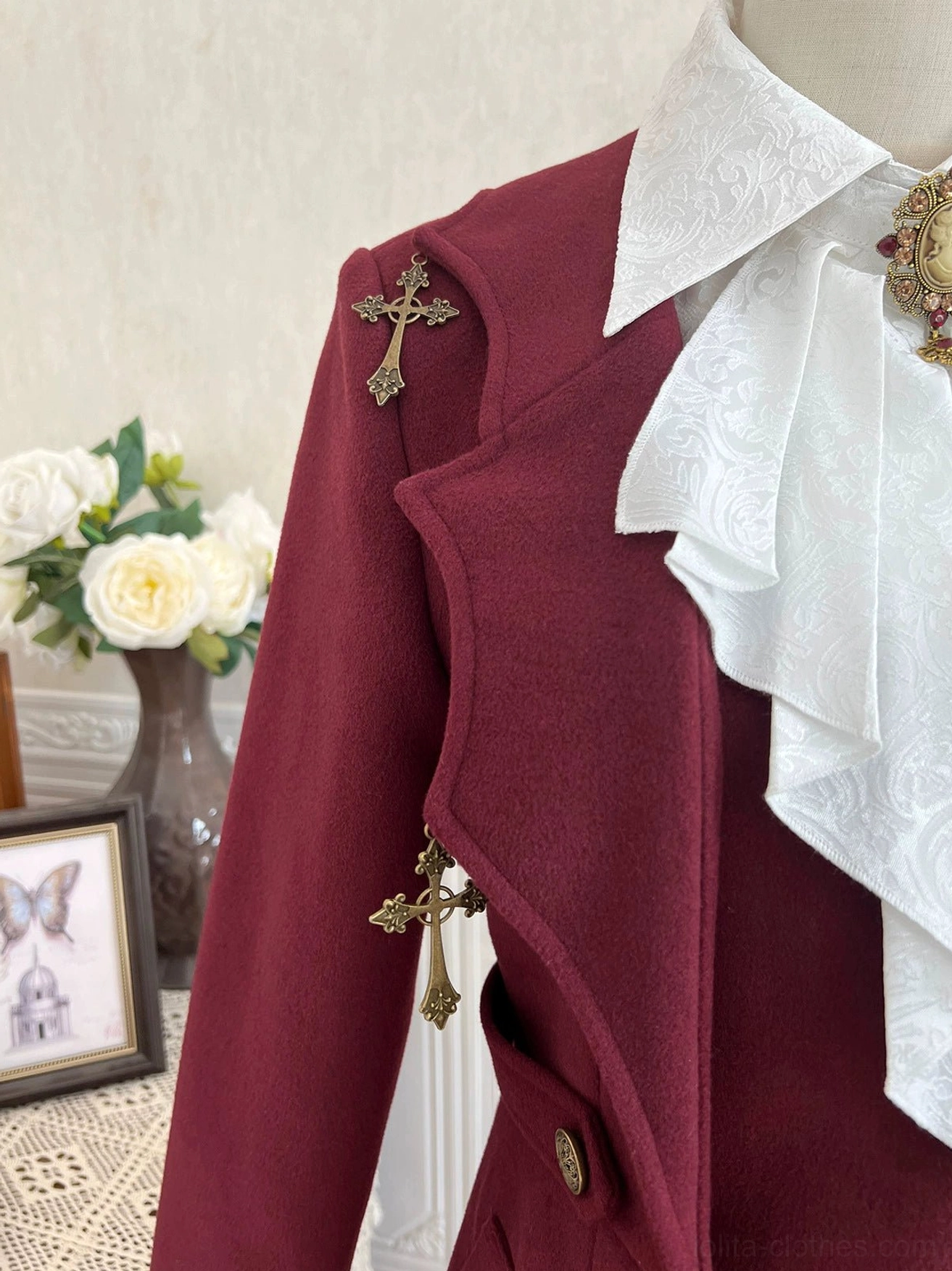 Gothic ouji lolita coat flared hem construction layered vest-effect A-line silhouette authentic lolita proportions burgundy velvet detailed tailoring