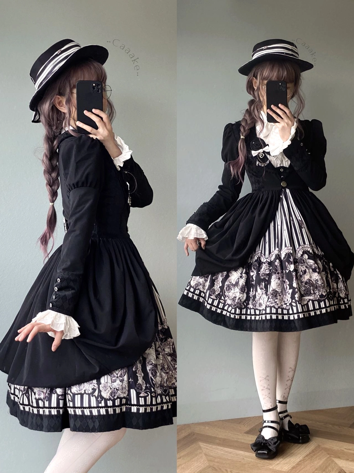 Gothic Lolita coat and high-waisted skirt mirror selfie side back view two models matching striped boater hats ruffled cuffs