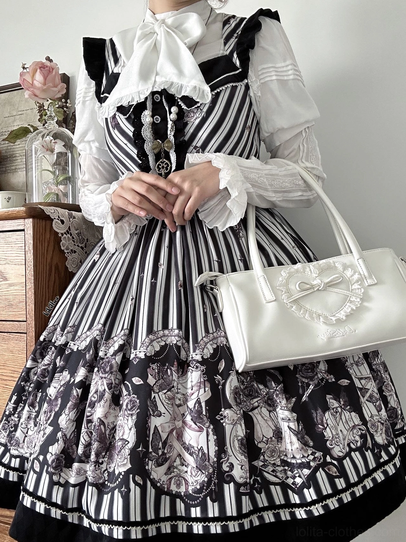 Gothic Lolita coat and JSK dress monochromatic coordination black white stripe vintage print harmony