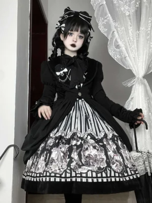 Gothic Lolita complete set coat JSK dress with puffed sleeves vintage parasol ruffled necktie black and white striped pattern