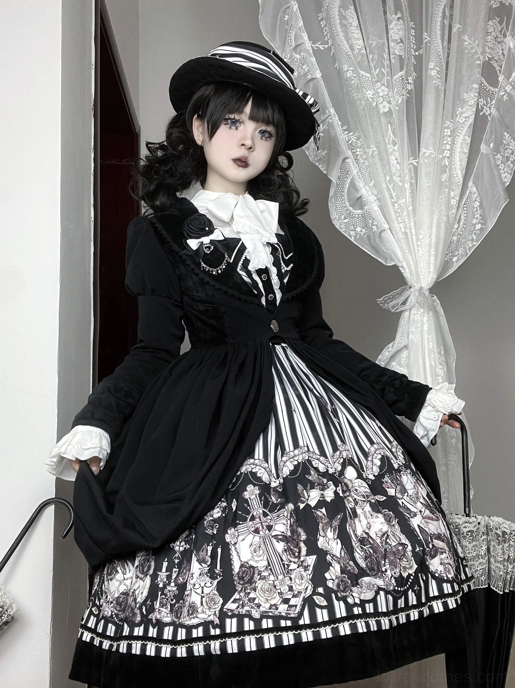Gothic Lolita coat JSK full set front three-quarter standing view striped boater hat parasol handle ruffled white neck bow
