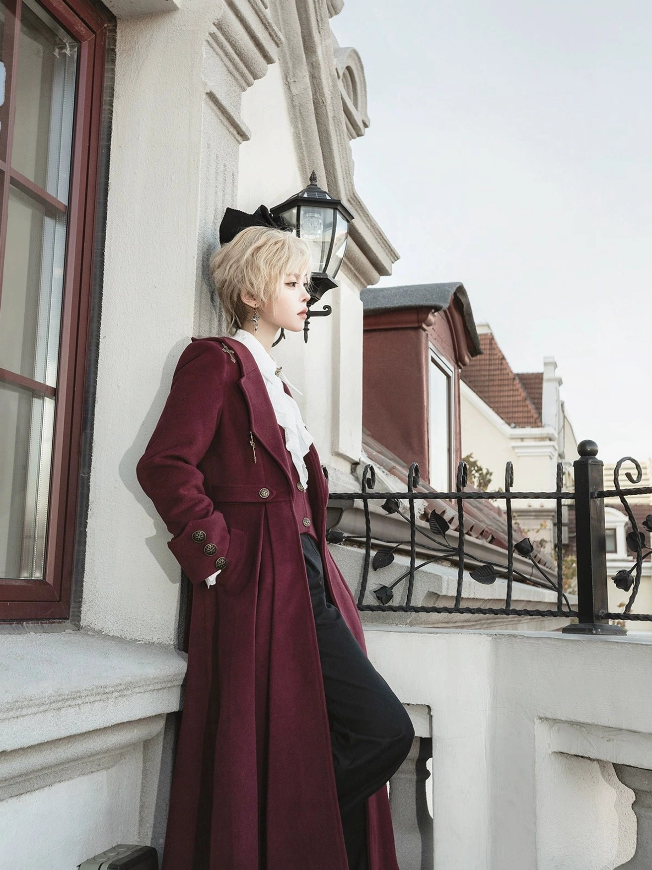 Gothic ouji lolita burgundy velvet coat detailed view layered vest-effect construction sharp structured shoulders aristocratic tailoring lolita fashion ensemble