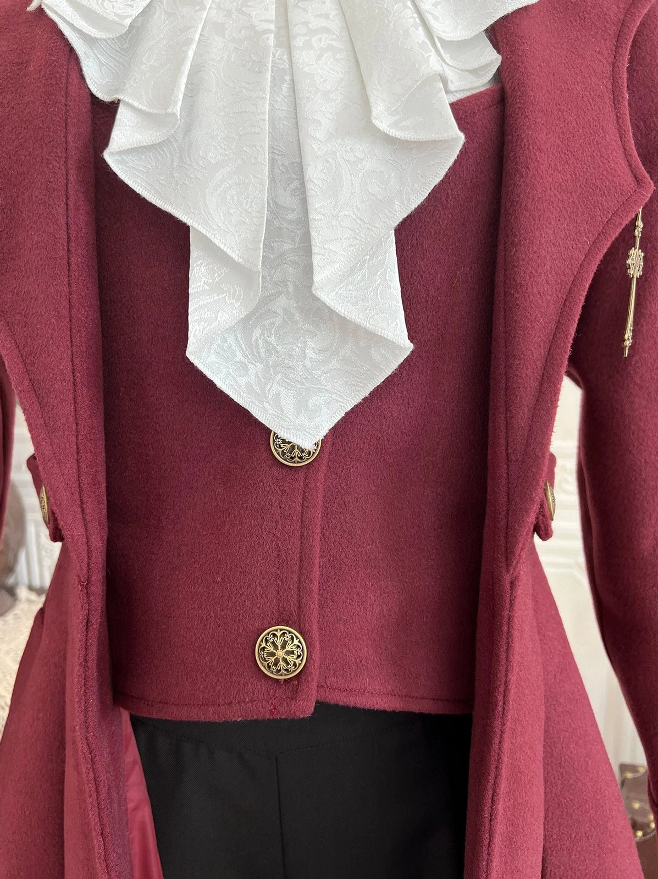 Gothic ouji lolita burgundy velvet coat premium chinese velvet exterior polyester taffeta lining luxury fabric detail texture close-up craftsmanship