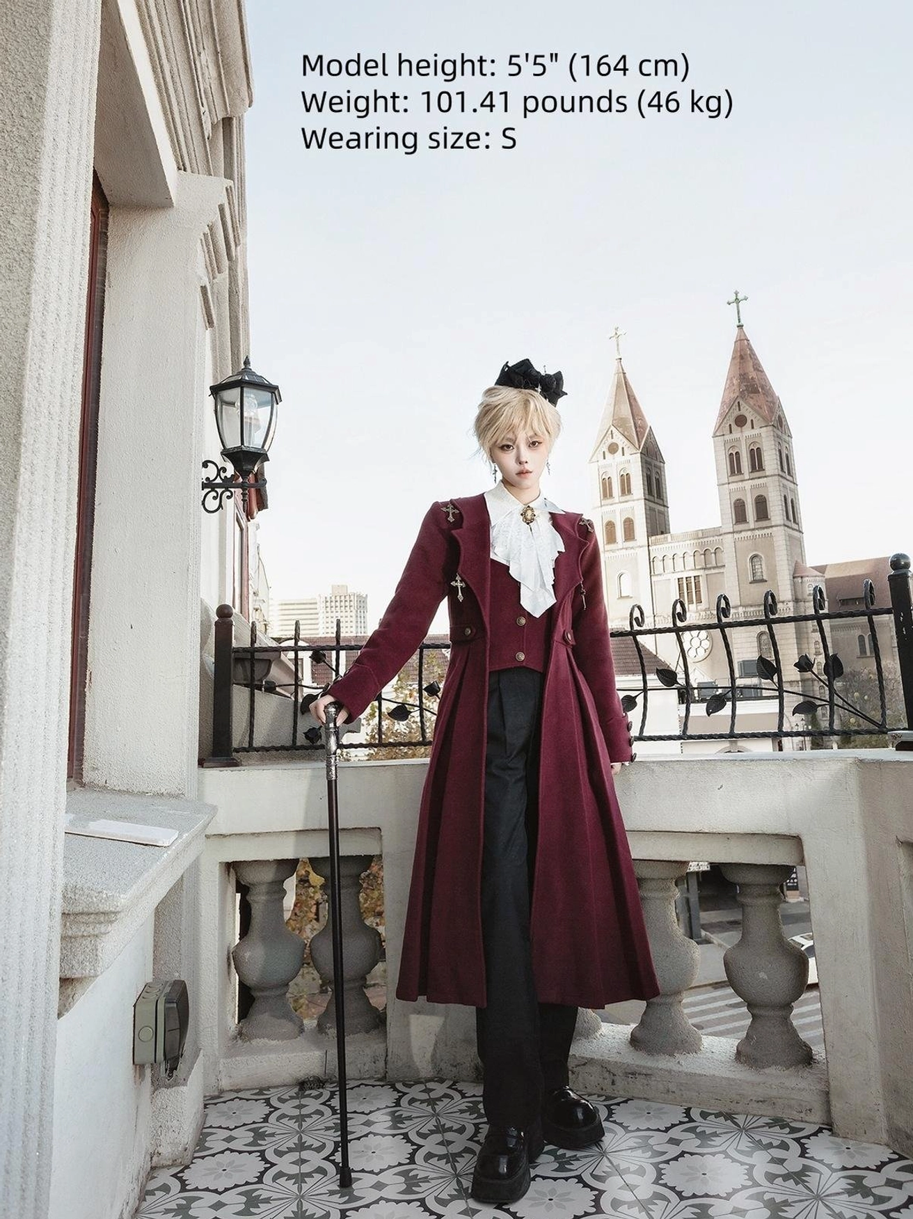 Model size reference chart gothic ouji lolita winter coat set full front view blonde model european outdoor balcony height 5ft 5in weight 101.41 pounds wearing size small