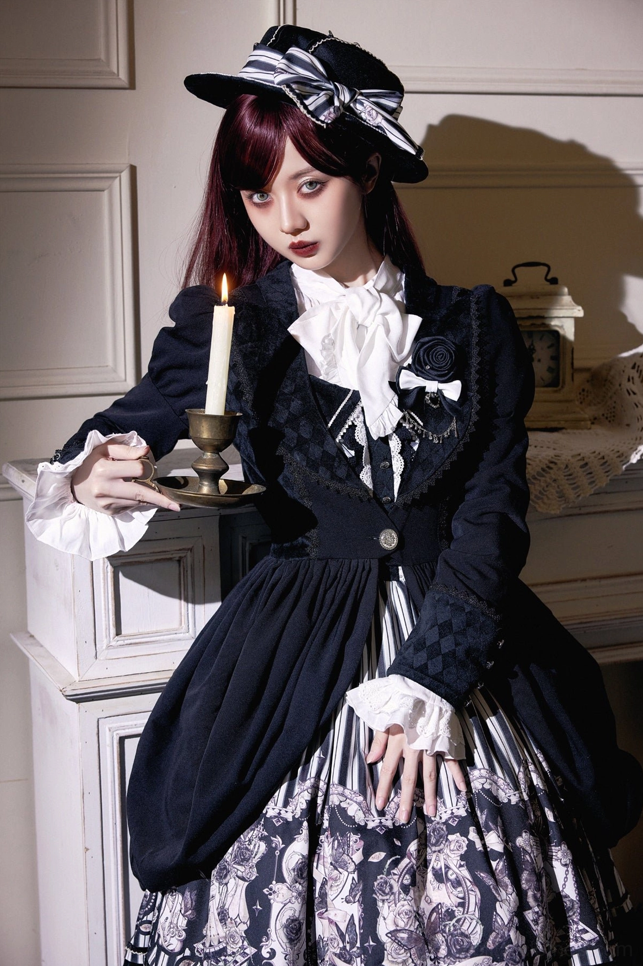 Gothic Lolita coat and skirt set three-quarter close view striped boater hat vintage candle tray ruffled white collar rose brooch
