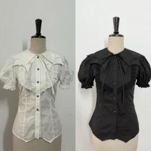 Off-white slim-fit Gothic Lolita collar shirt with lace-trimmed stand collar and removable tiny pleated jabot, front button closure detail