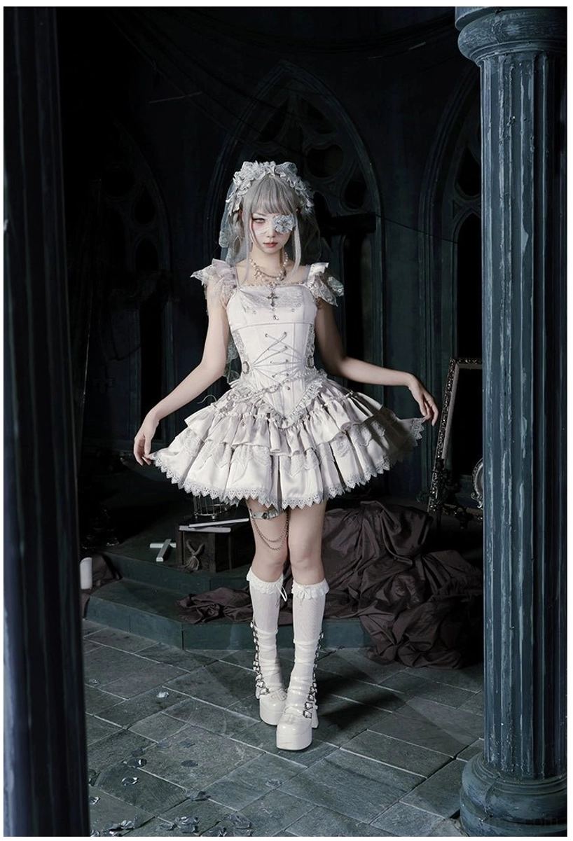 Gothic lolita color palette detail showing off-white silver tones lighting ambiance ecclesiastical aesthetic mood