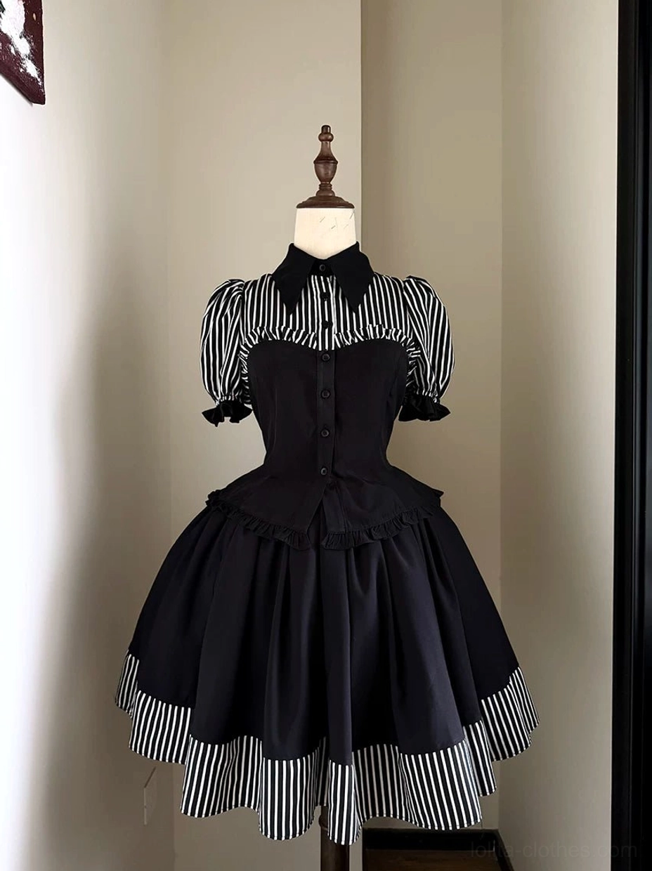 Complete gothic lolita coordinate full ensemble black pointed collar button-front bustier striped puff sleeves full gathered striped ruffled hem skirt