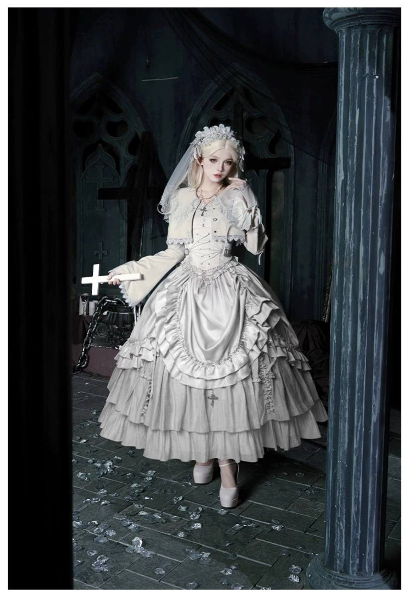 Gothic lolita model wearing complete set back view showing skirt volume ruffles construction from rear