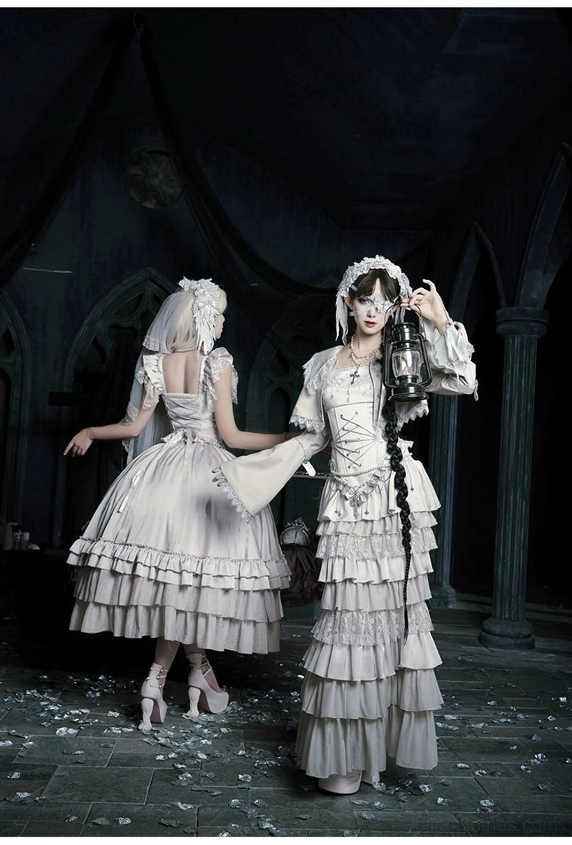 Gothic lolita model three-quarter view wearing complete set showing silhouette volume skirt fullness architectural design