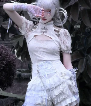 gothic lolita coordinate full body outfit white-haired model white tiered lace culotte shorts cheongsam style top puff sleeves outdoor garden backdrop
