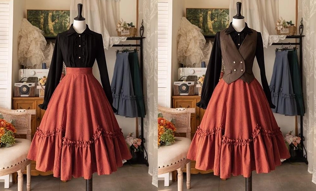 Vintage Lolita outfit coordinates featuring black blouse with petal swing skirt and brown waistcoat, side-by-side comparison of gothic lolita style on dual dress mannequins