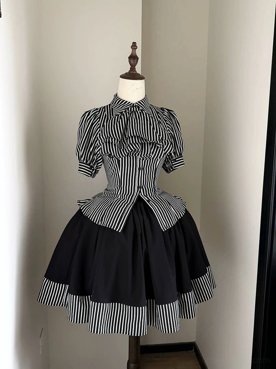 Gothic lolita coordinate ensemble fitted vertical striped short-sleeve blouse ruffled front bust detail peplum waist paired with striped hem skirt