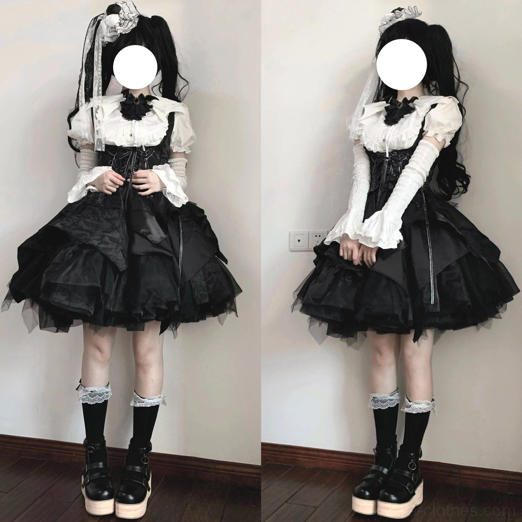 Complete Gothic Lolita coordinate featuring off-white jabot shirt with white wig, bridal veil hair accessory, long white gloves, ruffled socks, platform loafers, and harlequin JSK skirt