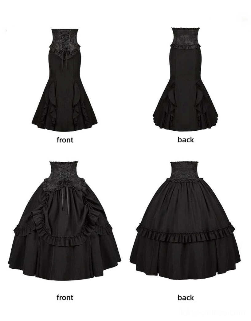 Coordinating ruffled blouse for Gothic Lolita mermaid corset skirt pink beige color options flounce hem detail
