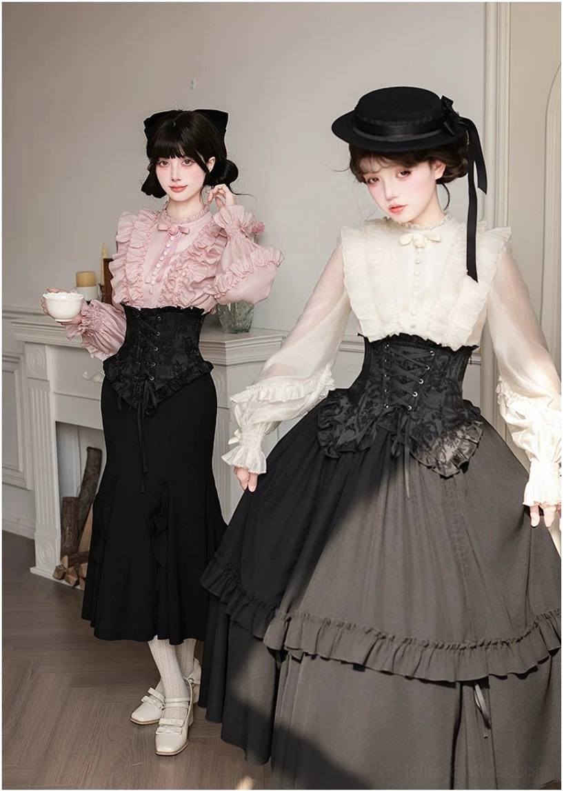 Gothic Lolita two styles boned corset mermaid skirts pink grey black blouses fireplace vintage living room styling