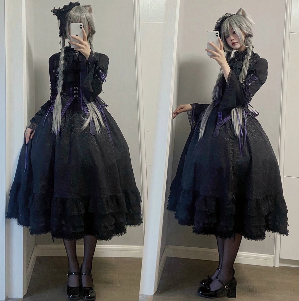 Gothic lolita corset vest display showing dual fishbone boning structure on both front and back panels, corset-style side lacing mechanism, butterfly-shaped hemline with printed pattern