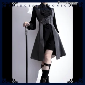 Tailored Gothic Lolita vest waistcoat centered front view corset waist design black inner outfit with vintage cane prop gothic decorative border