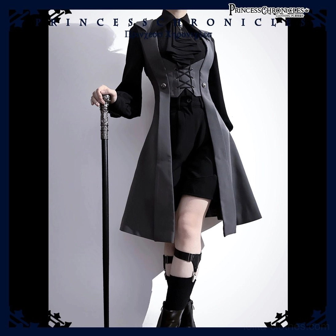 Tailored Gothic Lolita vest waistcoat centered front view corset waist design black inner outfit with vintage cane prop gothic decorative border