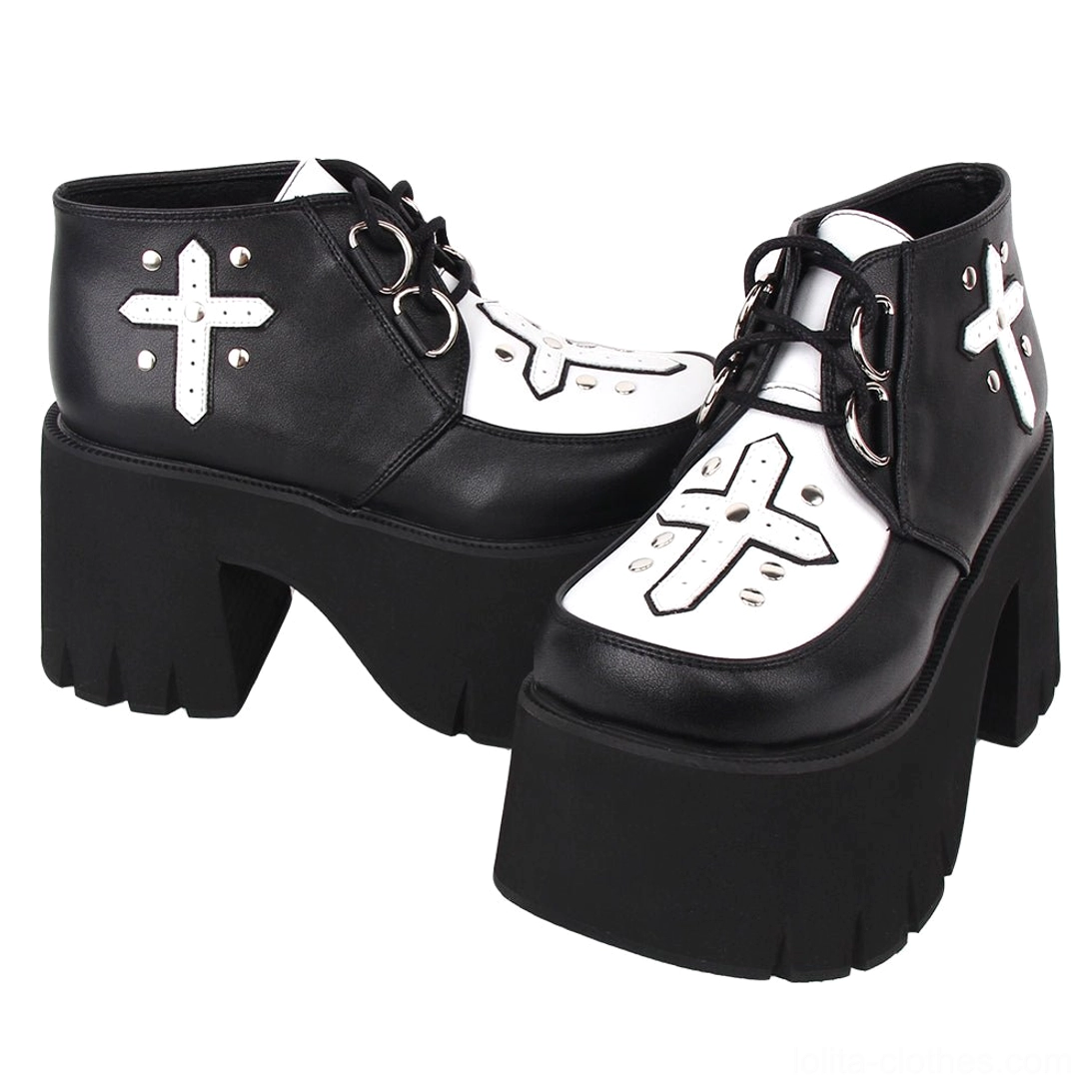 Pair of gothic lolita cross platform ankle boots front direct view matte faux leather dual-tone design with metal cross decoration thick block platform heels
