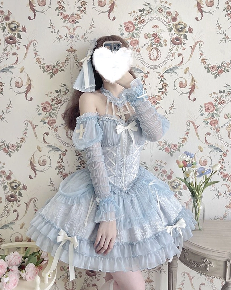 Gothic Lolita cross maiden arm sleeves with pleated mesh texture and embroidered cross applique for authentic Lolita subculture fashion expression