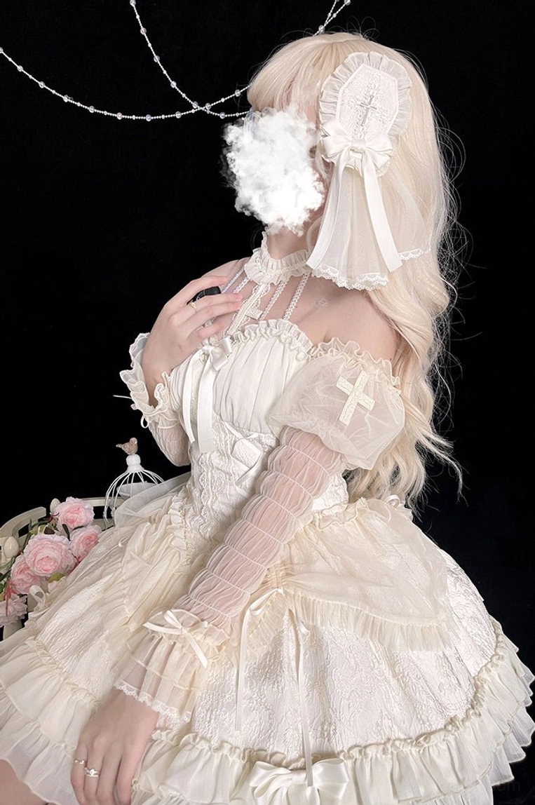 Gothic Lolita Cross Maiden hair veil bow clip showing intricate lace details and hair clip mechanism