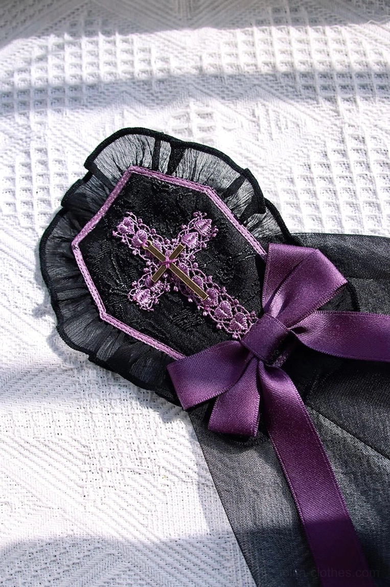 Gothic Lolita Cross Maiden headdress hair clip lace trim and satin bow construction detail close-up