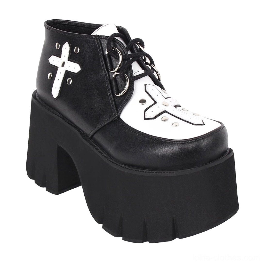 Single gothic cross platform ankle boot right three-quarter front view matte faux leather upper metal d-ring lace fasteners massive lugged outsole