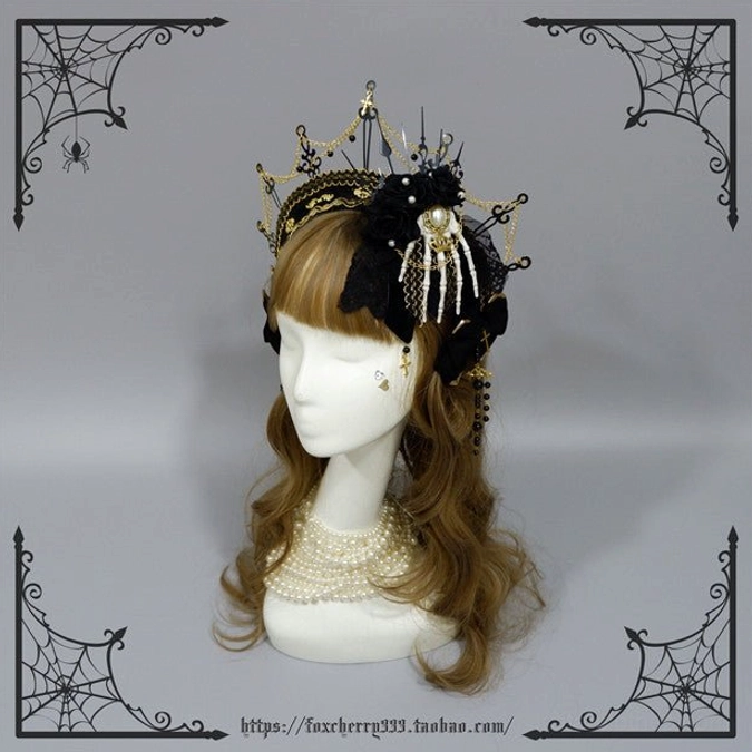 Gothic crown hair ornament skeleton hand decor front view mannequin curly hair gold spike crown black rose cross pendants