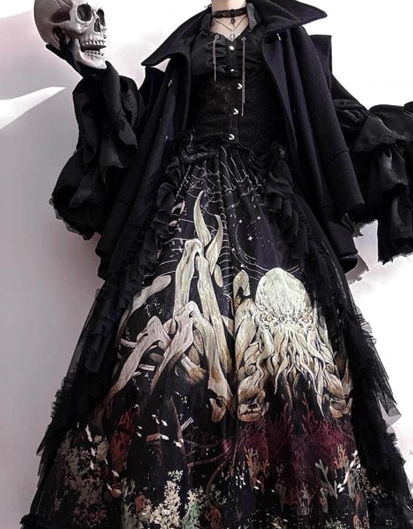 Gothic Lolita Cthulhu ensemble close up detail shot octopus motif blood red crystals hand sewn embellishments texture fabric quality