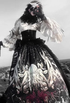 Gothic Lolita Cthulhu costume set half body upper blouse with bell sleeves layered ruffles octopus print skirt three quarter angle cosplay model