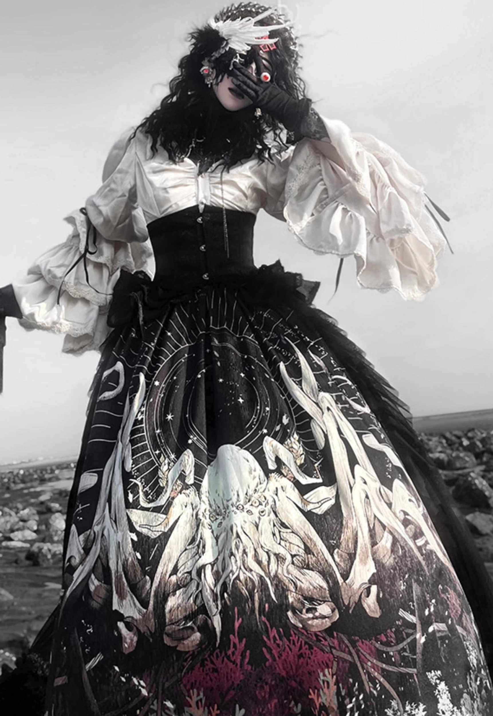 Gothic Lolita Cthulhu costume set half body upper blouse with bell sleeves layered ruffles octopus print skirt three quarter angle cosplay model