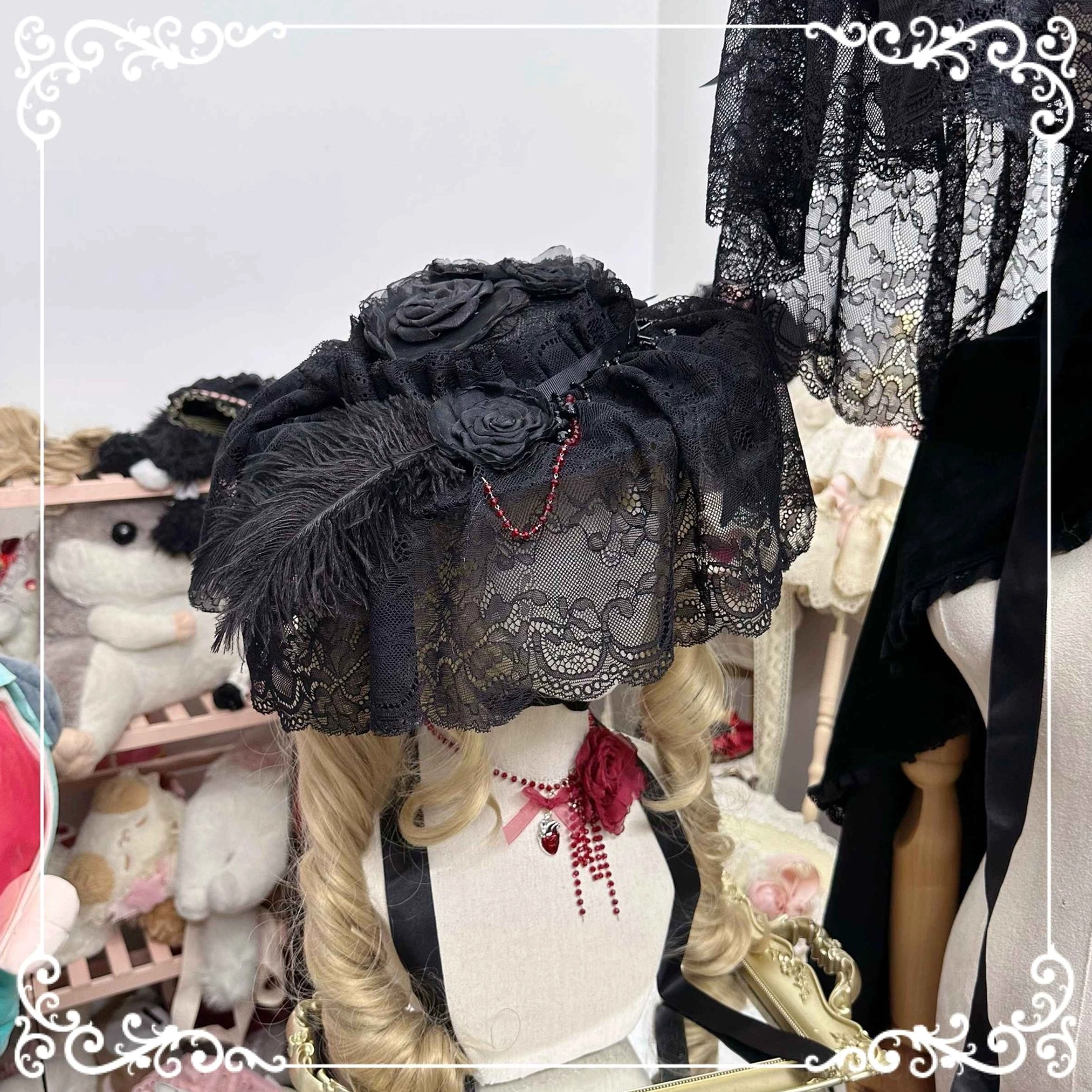 Gothic Lolita dark rose choker ensemble with multiple coordinated necklace and headdress pieces display
