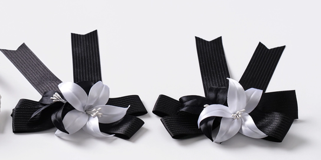 Pair of black satin gothic lolita decorative bow clips with white satin lily flowers hair shoe matching ribbon straps