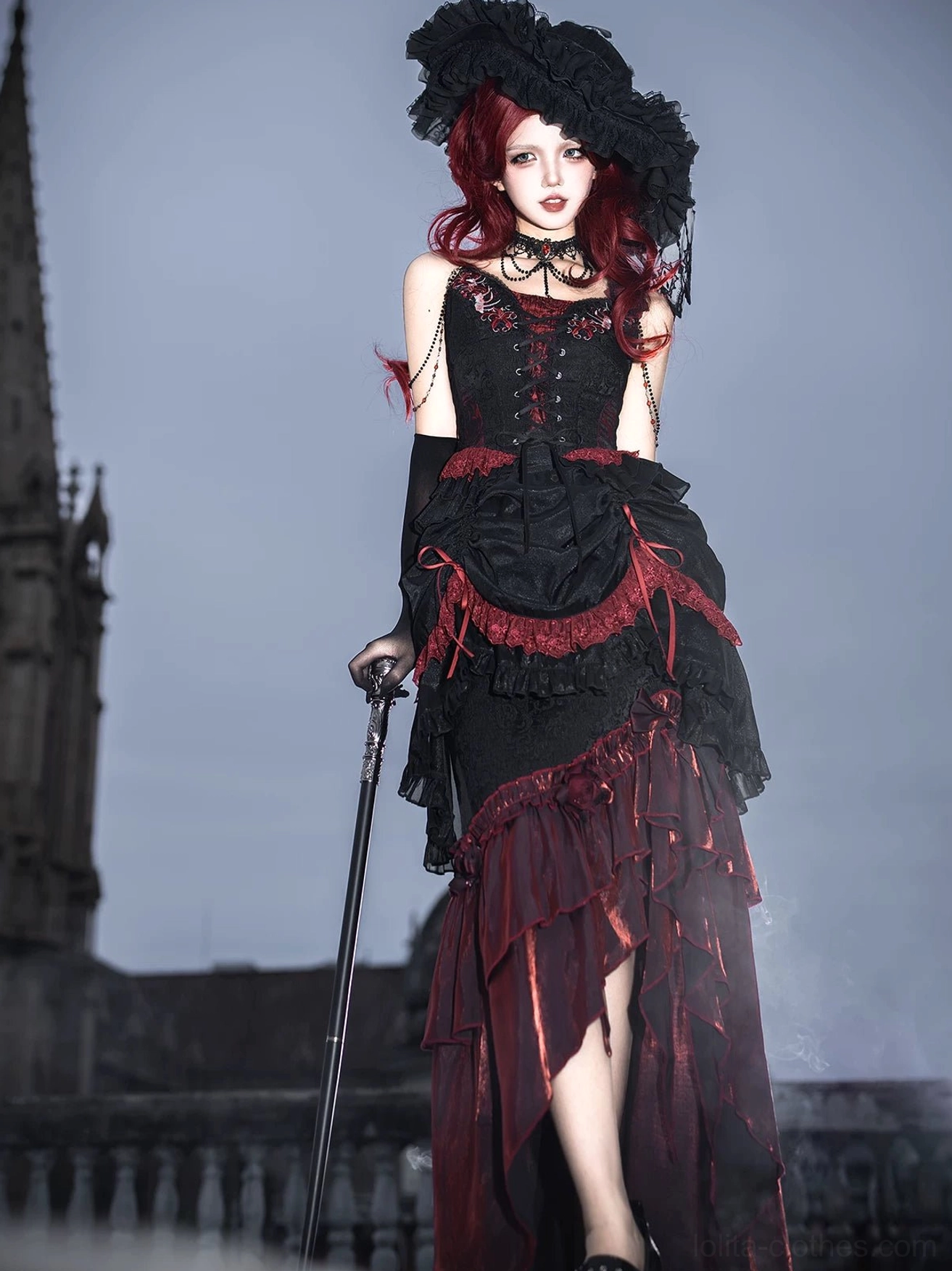 Gothic lolita dress form display front view black wine red color scheme embroidery details visible