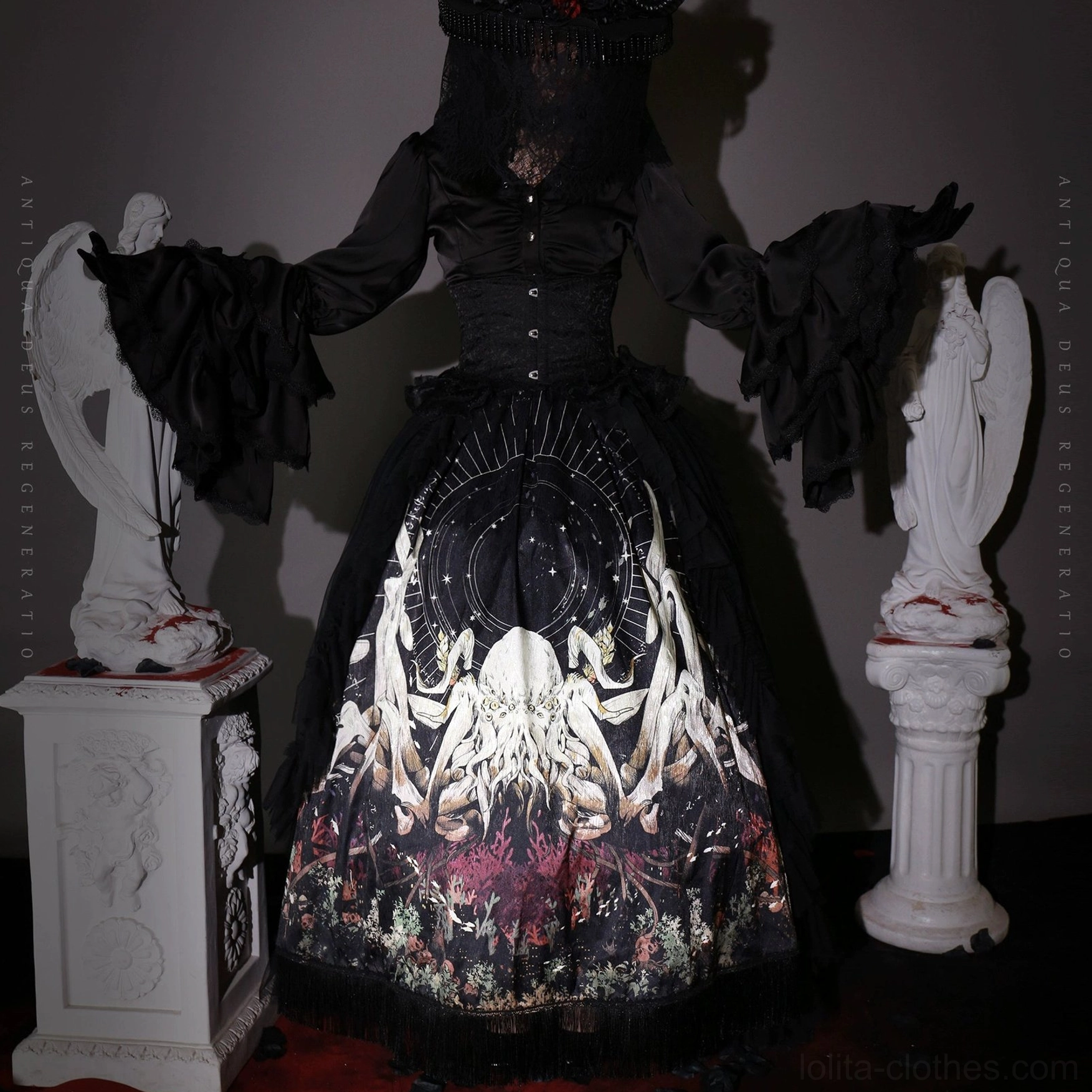 Gothic-inspired styling reference showing black Lolita dress coordinate with ruffled sleeves corset top and spider floral print skirt