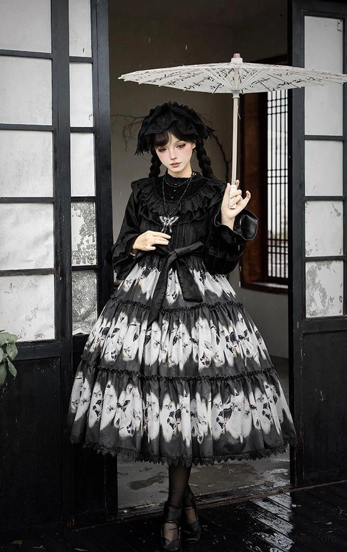 Gothic lolita dress fabric texture velour polyester material quality premium construction close-up