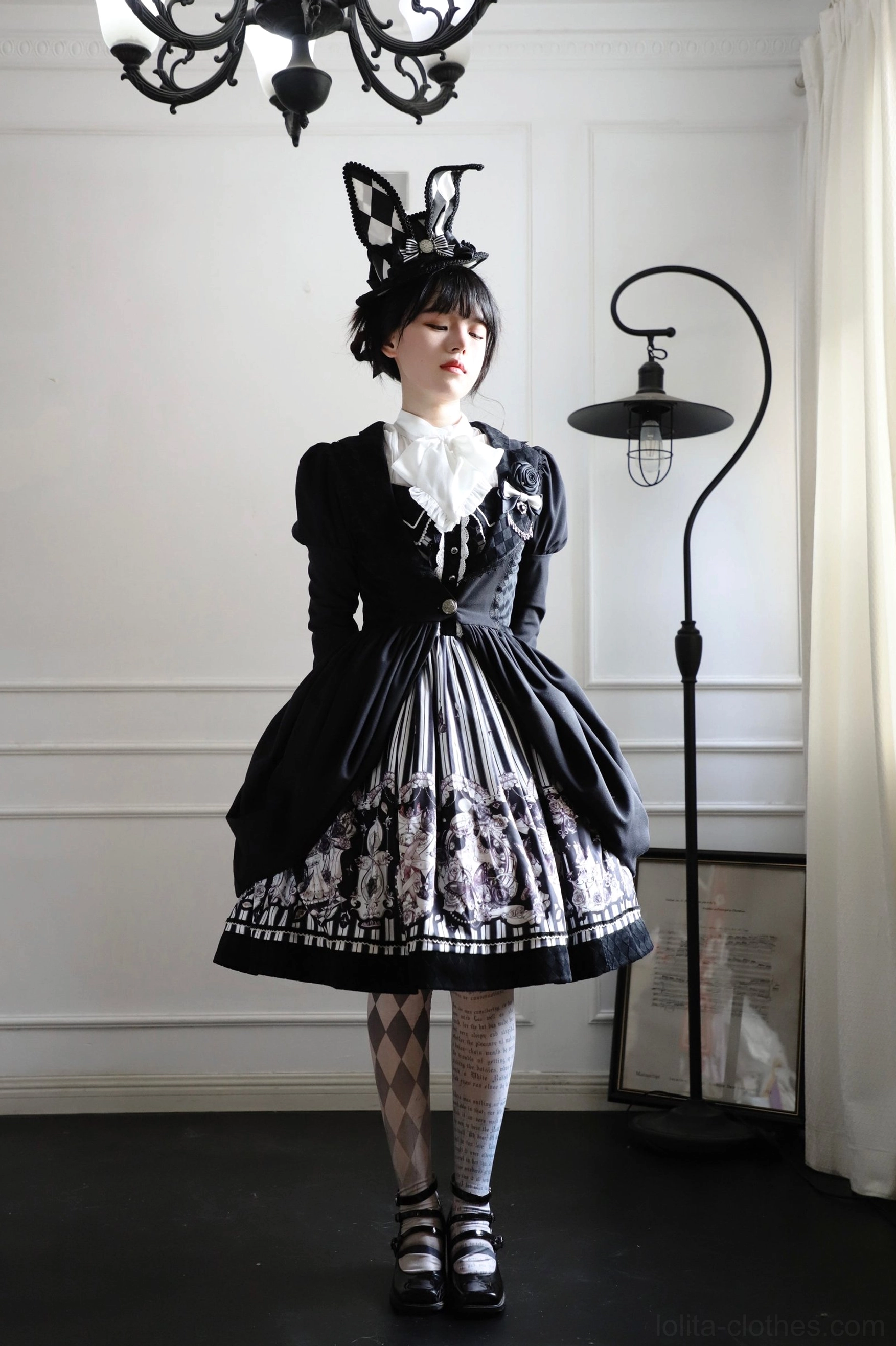 Gothic Lolita dress lapel chest design white ruffle detail neckline construction architectural silhouette