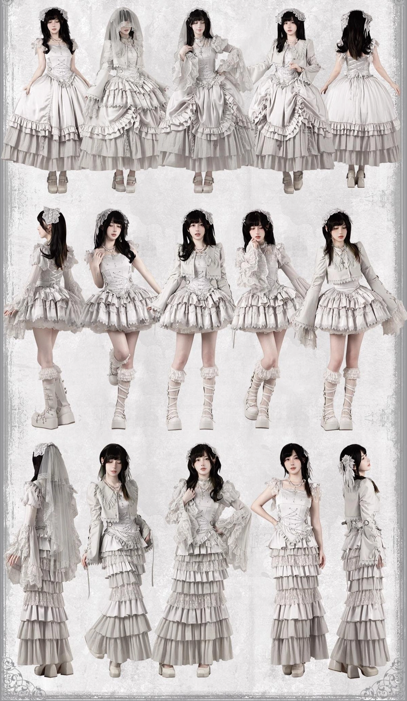 Multi-style gothic lolita dress lineup flat collage display showing fourteen off-white dresses with long tiered and short ruffled silhouettes