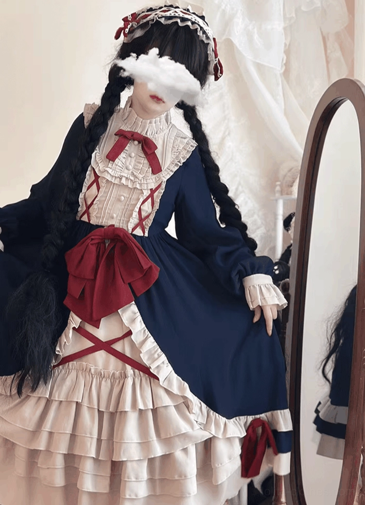 Gothic lolita dress three-quarter mirror view model vintage headband stand collar lace-up front sleeve cuff details silhouette
