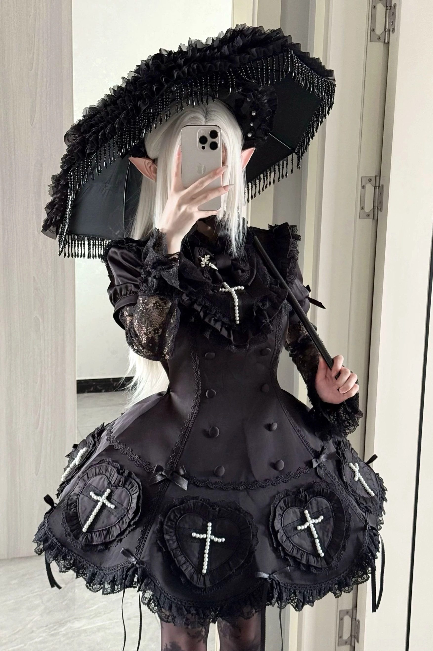 Gothic Lolita OP dress with optional cape attachment showing soft romantic styling variation ethereal yet edgy aesthetic