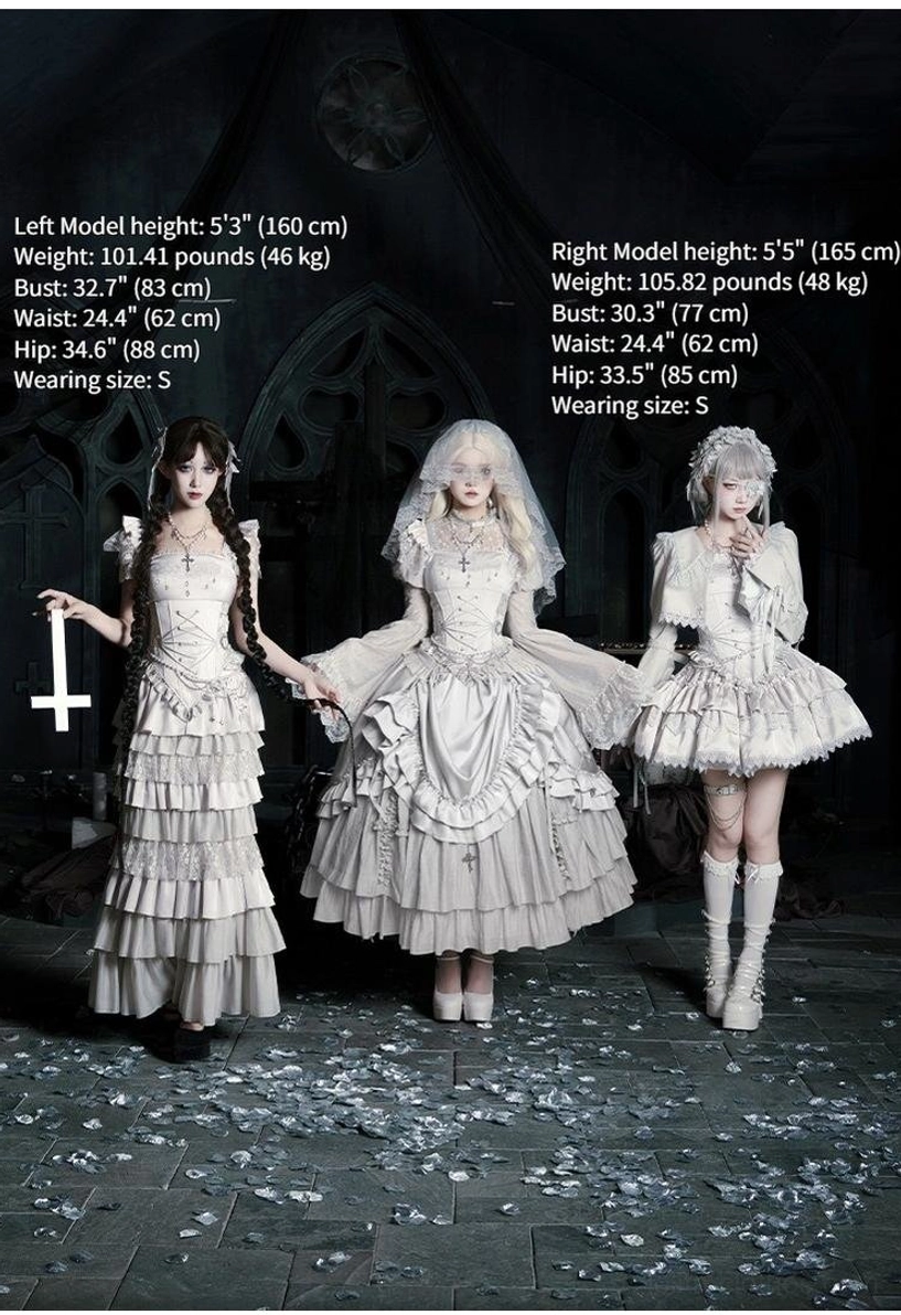 Model size reference for gothic lolita dresses showing full body measurements data for all three models in off-white matching outfits