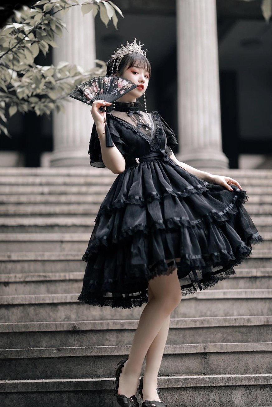 midnight castle gothic lolita dress skirt layered a-line tulle lace hem